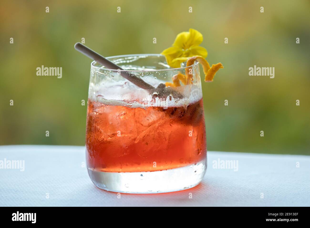 Colorful red fall-inspired cocktail, yellow citrus and flower garnish Stock Photo