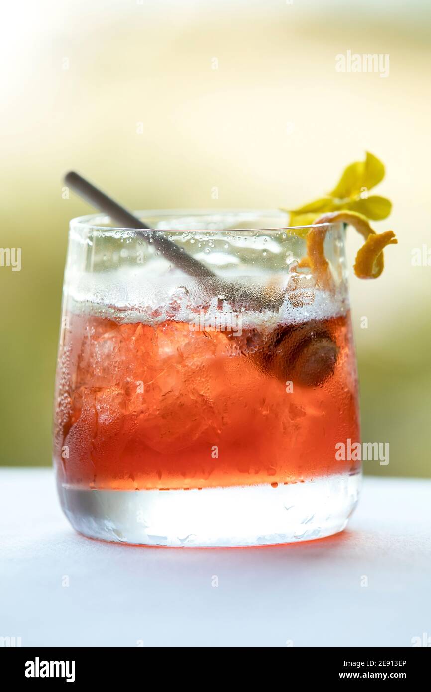 Colorful red fall-inspired cocktail, yellow citrus and flower garnish Stock Photo