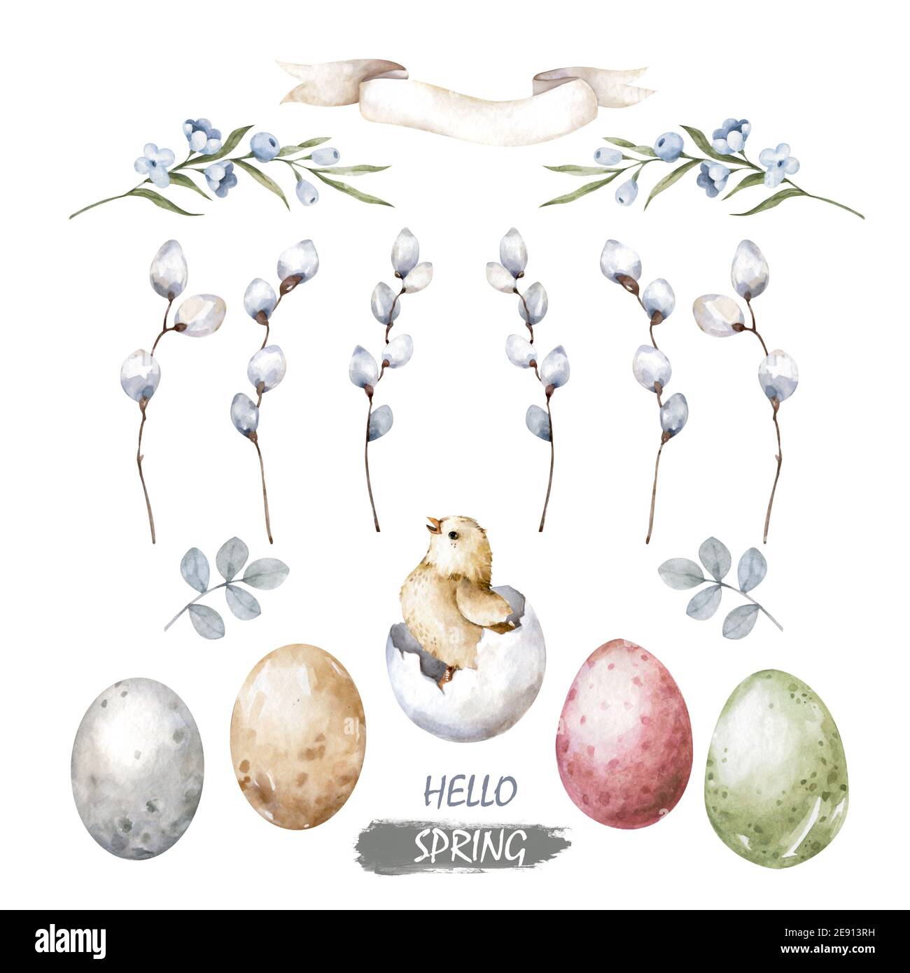 Happy easter hatching chick with set egg, willow stick. Hand painting ...