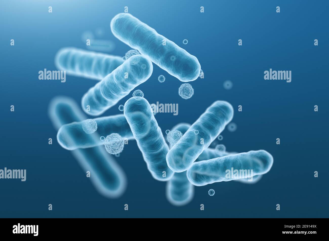 Close-up of 3d rendering microscopic blue bacteria. Stock Photo