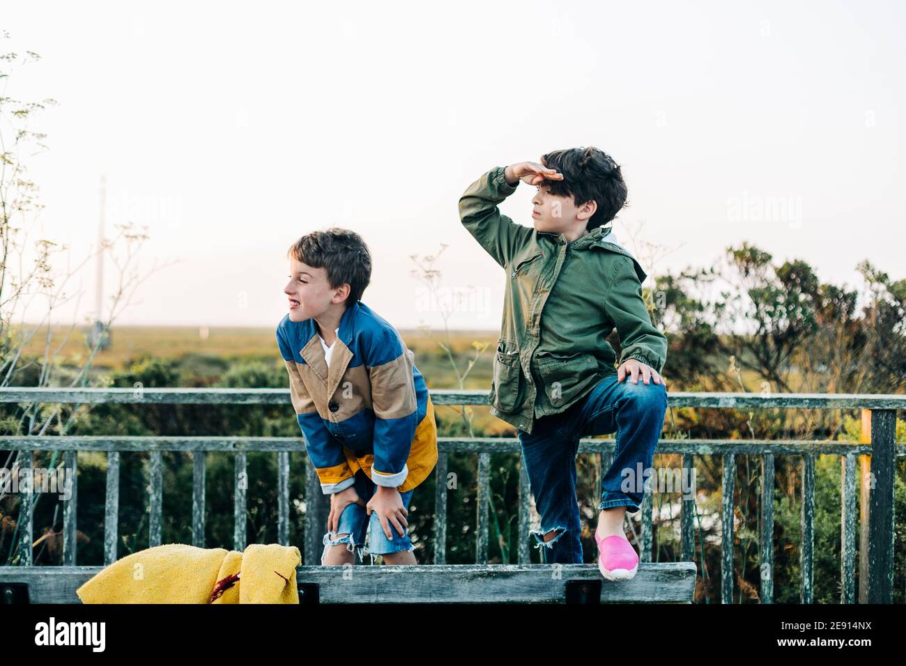 Brothers playing looking away on a natural park bench at sunrise Stock Photo