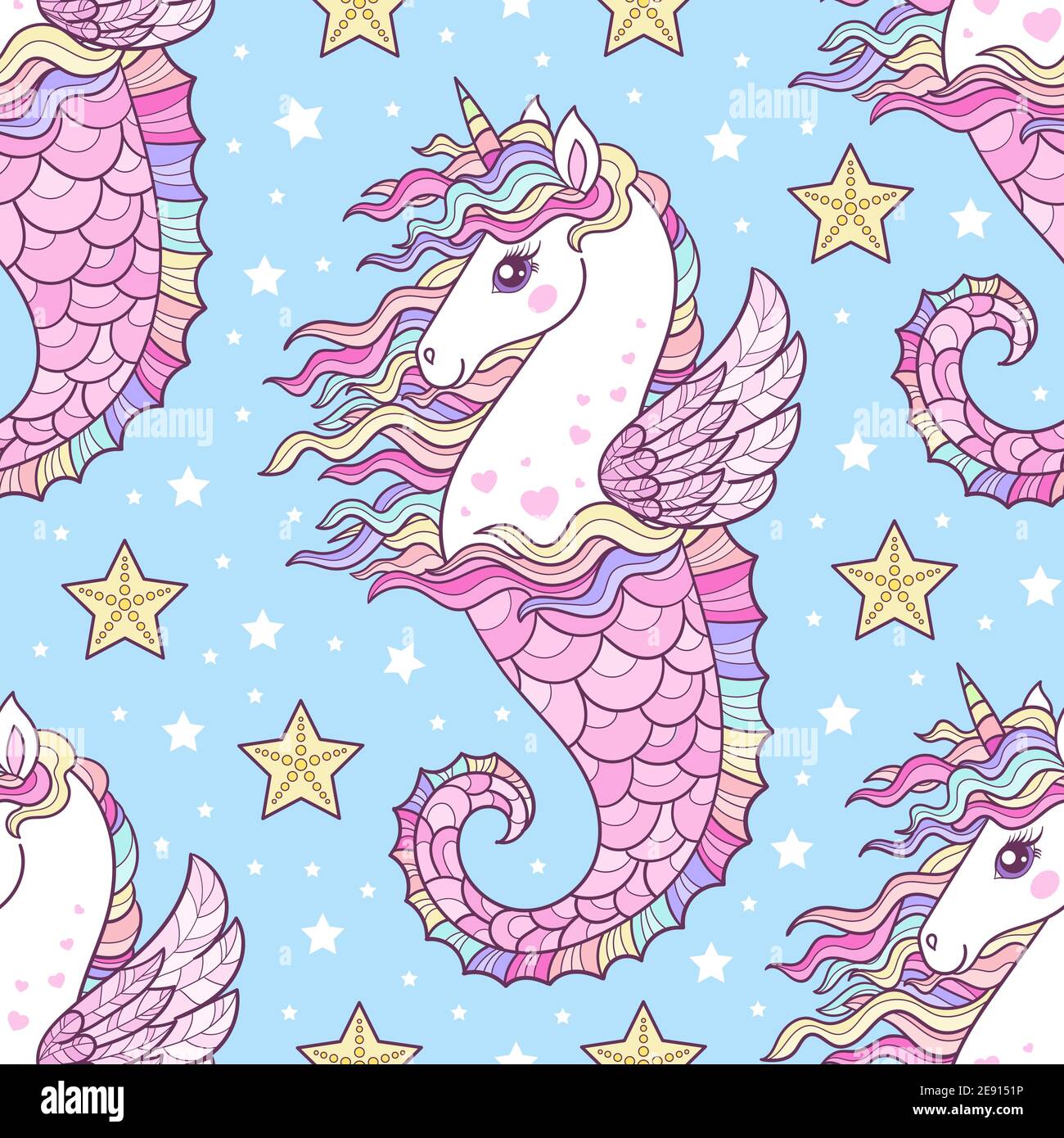 Seahorse unicorn seamless pattern. On a blue background. Vector Stock Vector