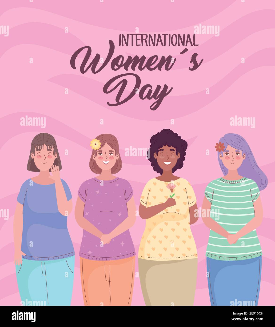 happy womens day lettering with group of interracial girls Stock Vector ...
