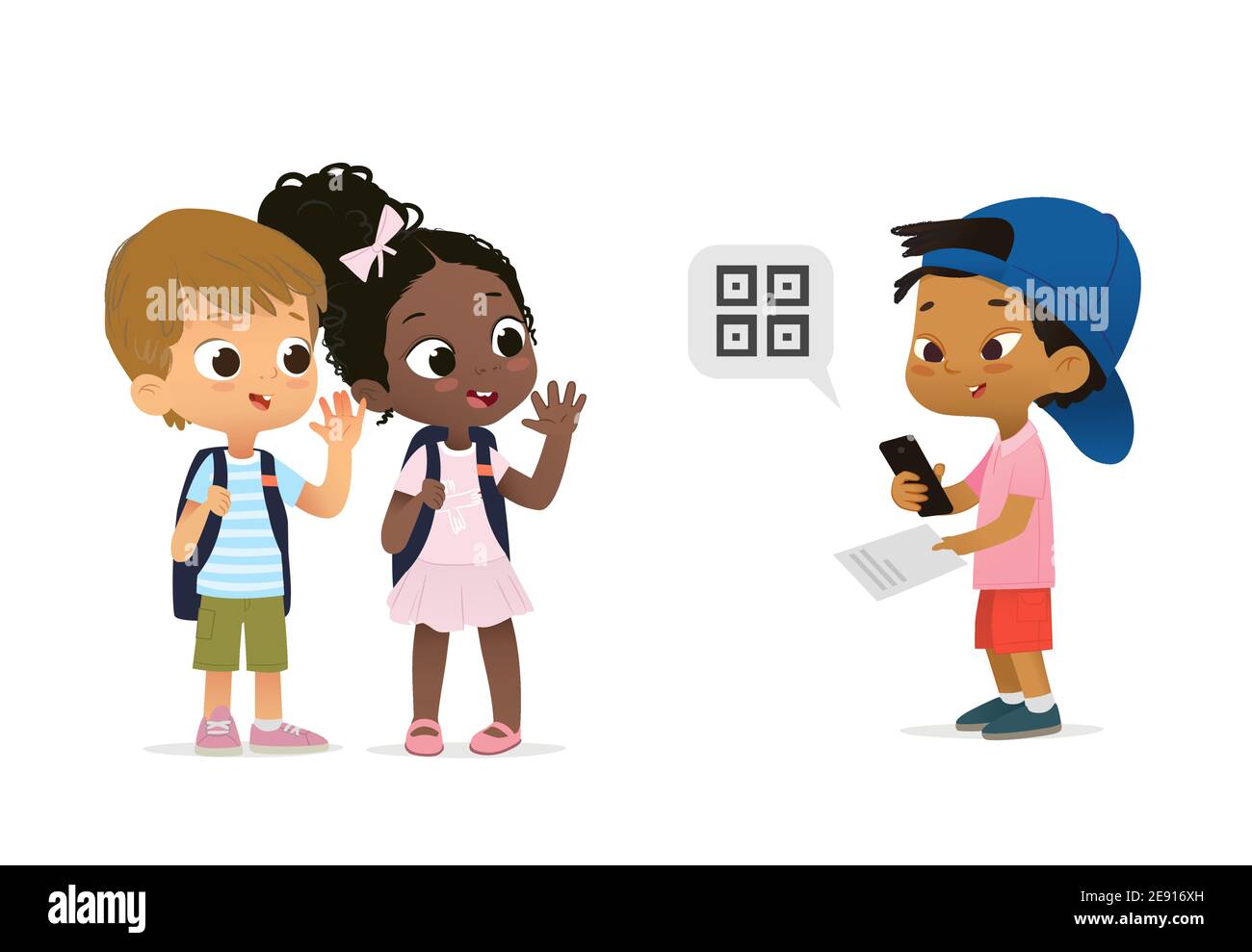 New pupil scanning a code on their phone from a booklet and greeting classmates. Asian American say hello to classmates. Friendship and Diversity Stock Vector