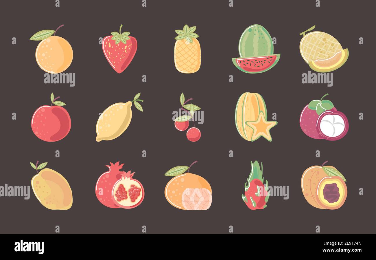 fruits fresh nutrition orange strawberry mango apple lemon icons black ...