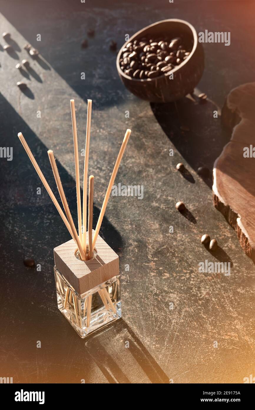 Air Freshener With Bamboo Sticks With Perfume In Glass On Dark Textured Background Invigorating Coffee Smell Aged Dark Background Roasted Coffee Stock Photo Alamy