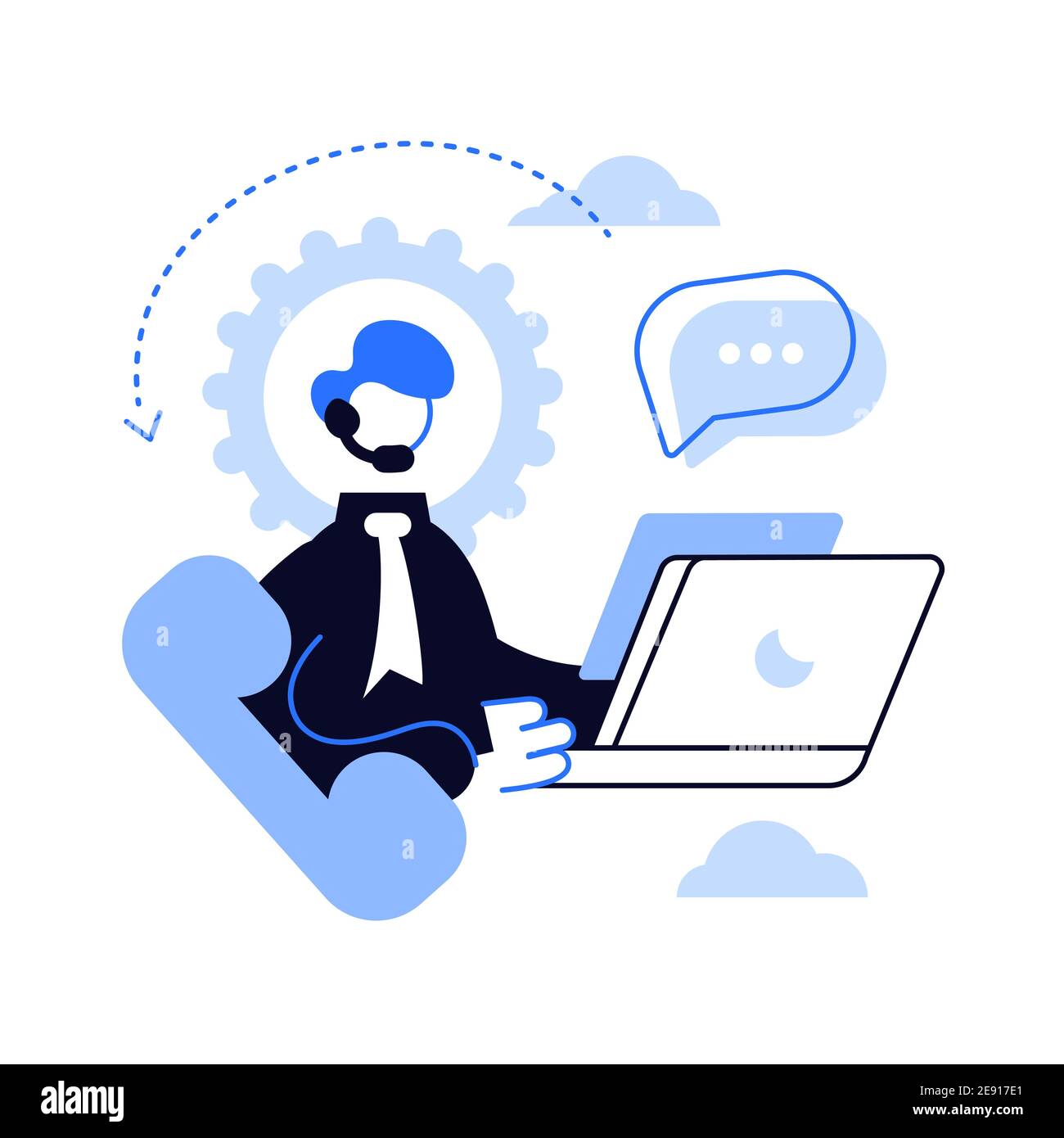 Call center operator with a headset at computer inside the gear. Stock Vector