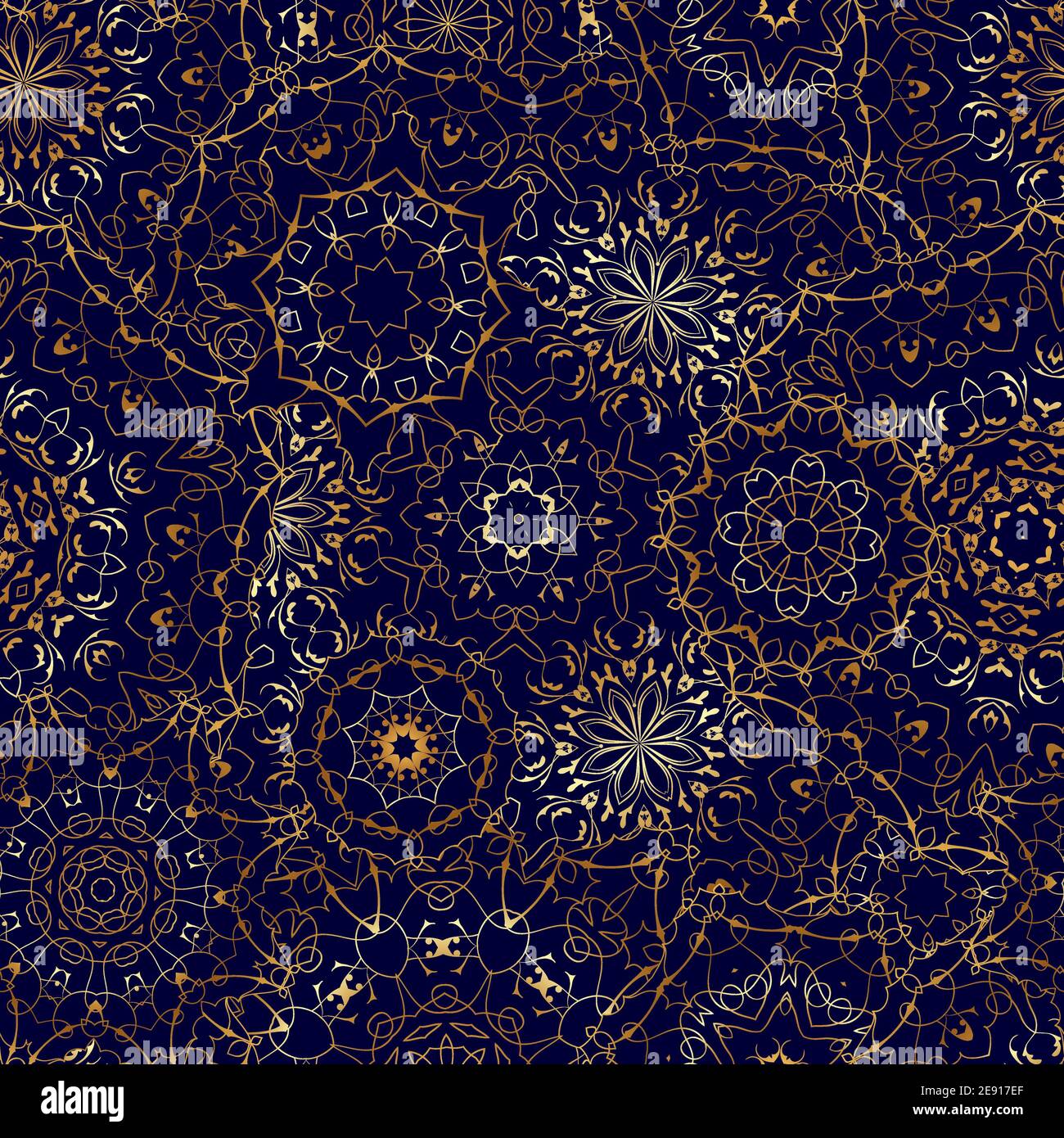 Seamless pattern with golden mandala on dark blue background. Arabic golden ornament for printing on fabric or paper. Stock Vector