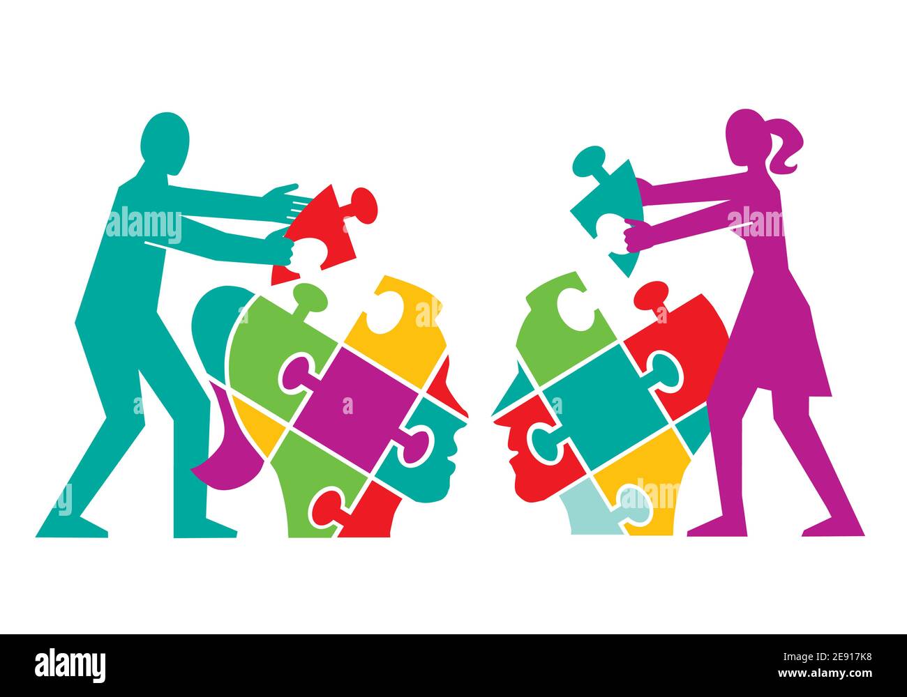 Couple,psychology of understanding and dialog, puzzle concept.  Twostylized silhouettes with puzzle heads. Stock Vector