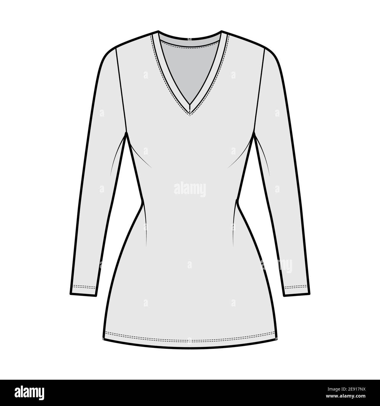 T-shirt dress technical fashion illustration with V-neck, long sleeves, mini length, fitted body, Pencil fullness. Flat apparel template front, grey color. Women, men, unisex CAD mockup Stock Vector