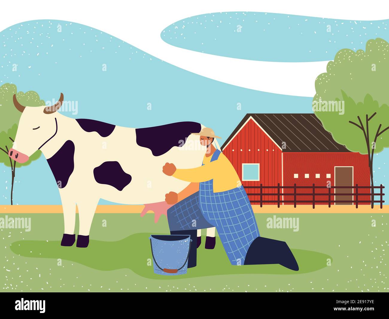 farm and agriculture farmer milks the cow vector illustration Stock ...