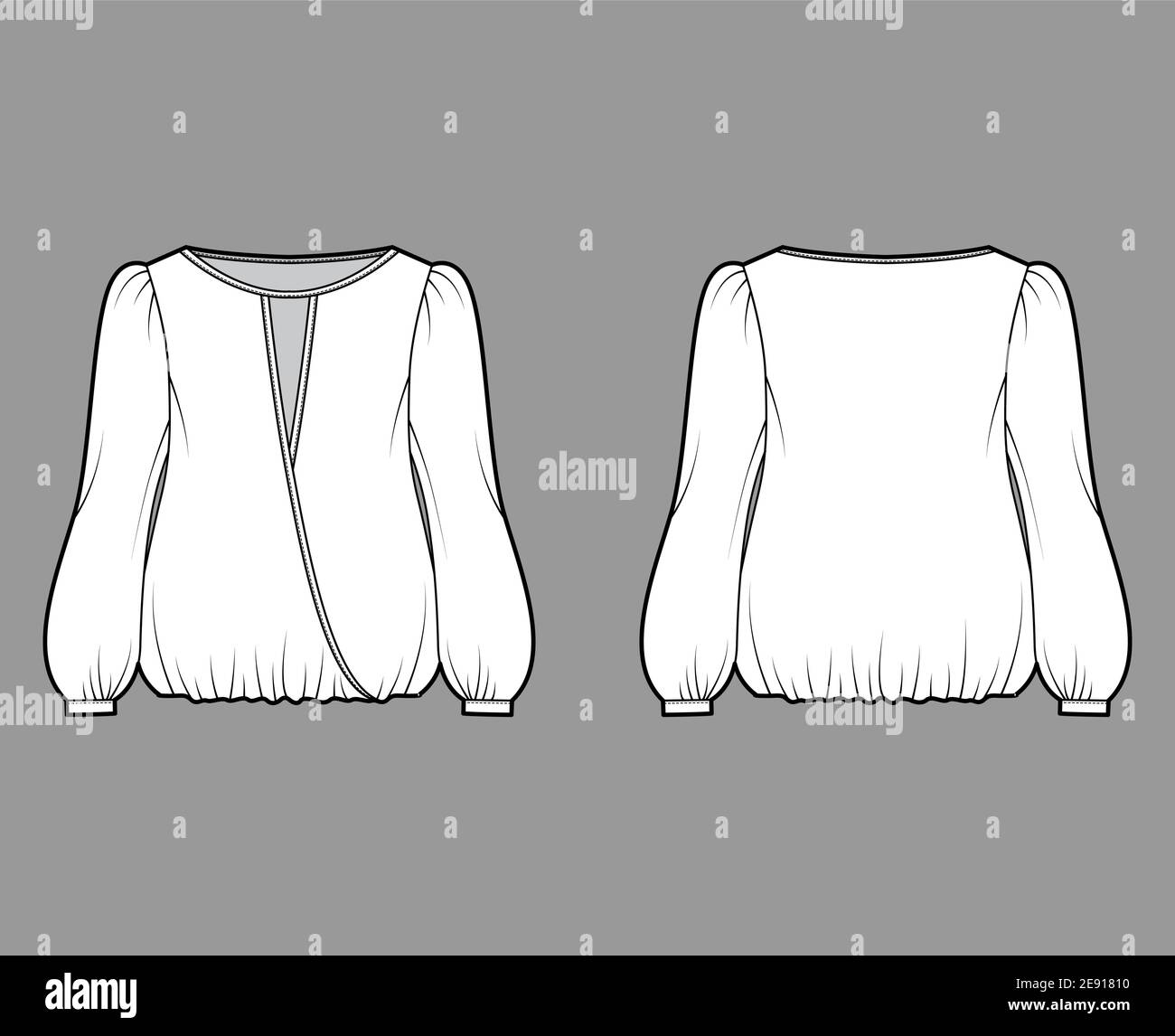 Surplice blouse technical fashion illustration with bouffant long sleeves, gathered hem, wide wrap scoop neck, oversized. Flat shirt apparel top template front, back, white color. Women men CAD mockup Stock Vector