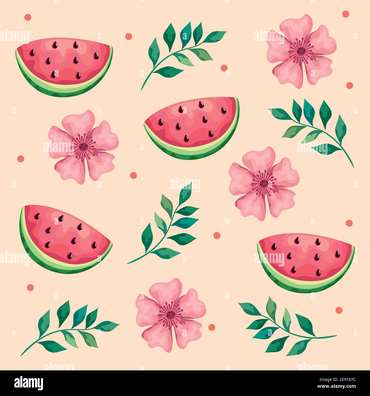 beautiful flowers and leafs with watermelons pattern Stock Vector Image ...