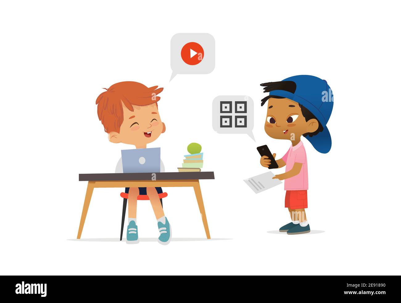 Asian American Boy scanning a code on their phone from a booklet and greeting classmate sitting at table and watching video. Stock Vector