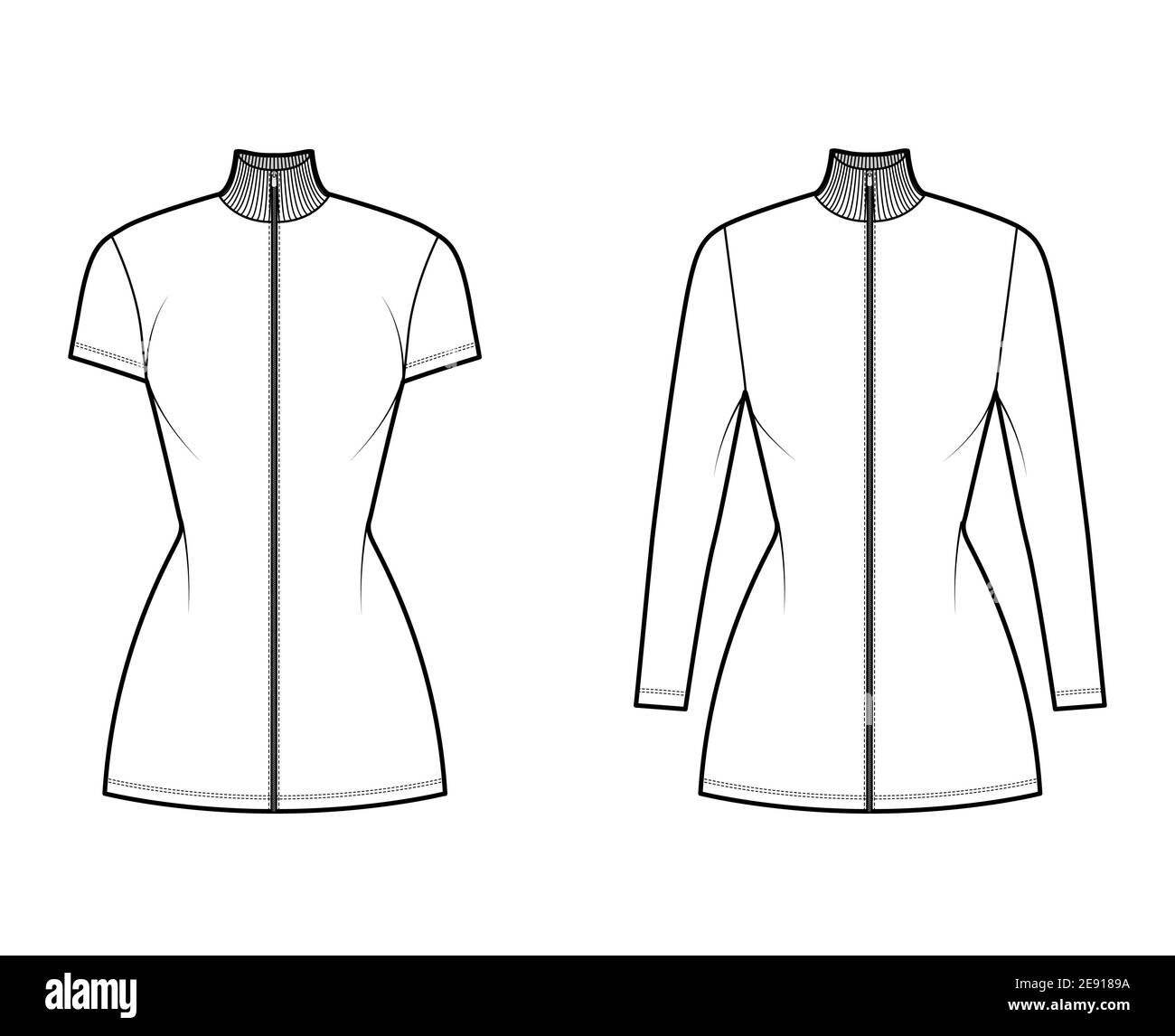 Turtleneck zip-up dress technical fashion illustration with long, short sleeves, mini length, fitted body, Pencil fullness. Flat apparel template front, white color. Women, men, unisex CAD mockup Stock Vector