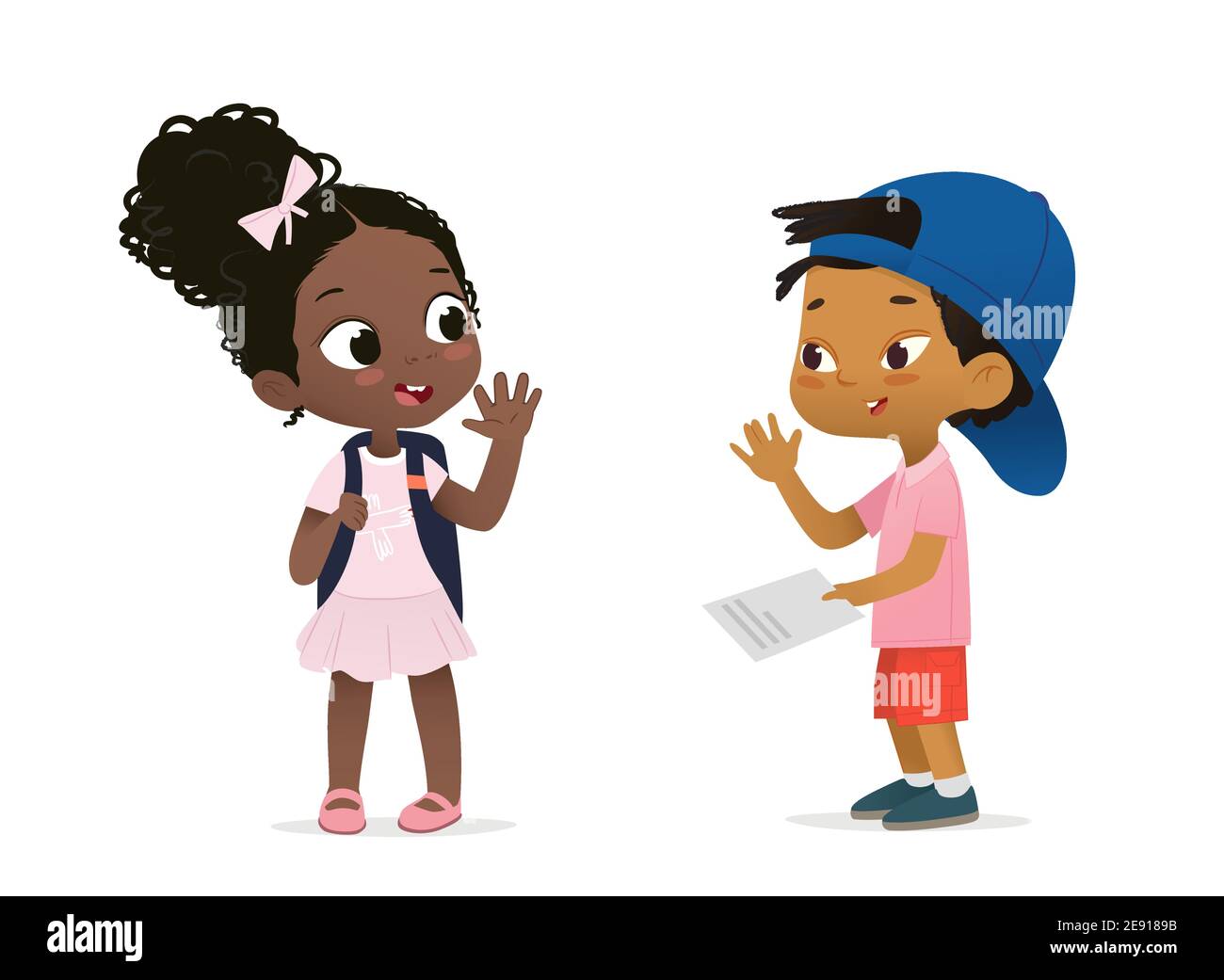 African American Girl saying goodbye to Asian American Boy. Happy african schoolmates greeting isolated on white cartoon characters. Boy and Girl scho Stock Vector