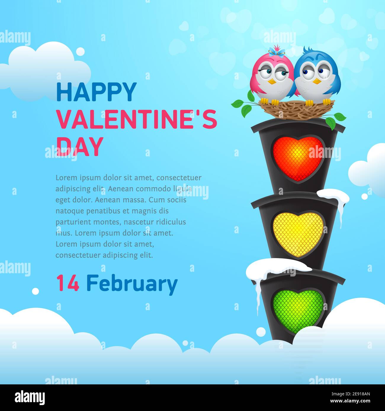 Two enamored birds in a nest at a traffic light on a background of blue sky. Happy valentine's day banner concept with text space Stock Vector