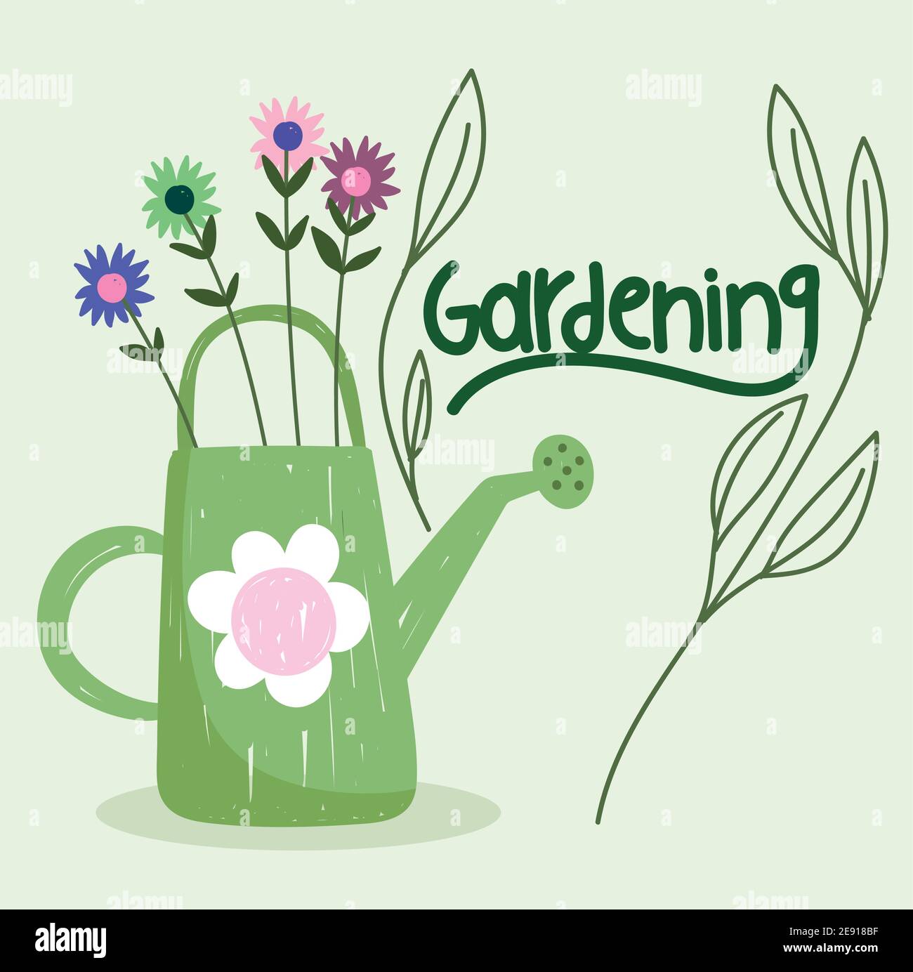 gardening watering can and flowers hand drawn color vector illustration ...
