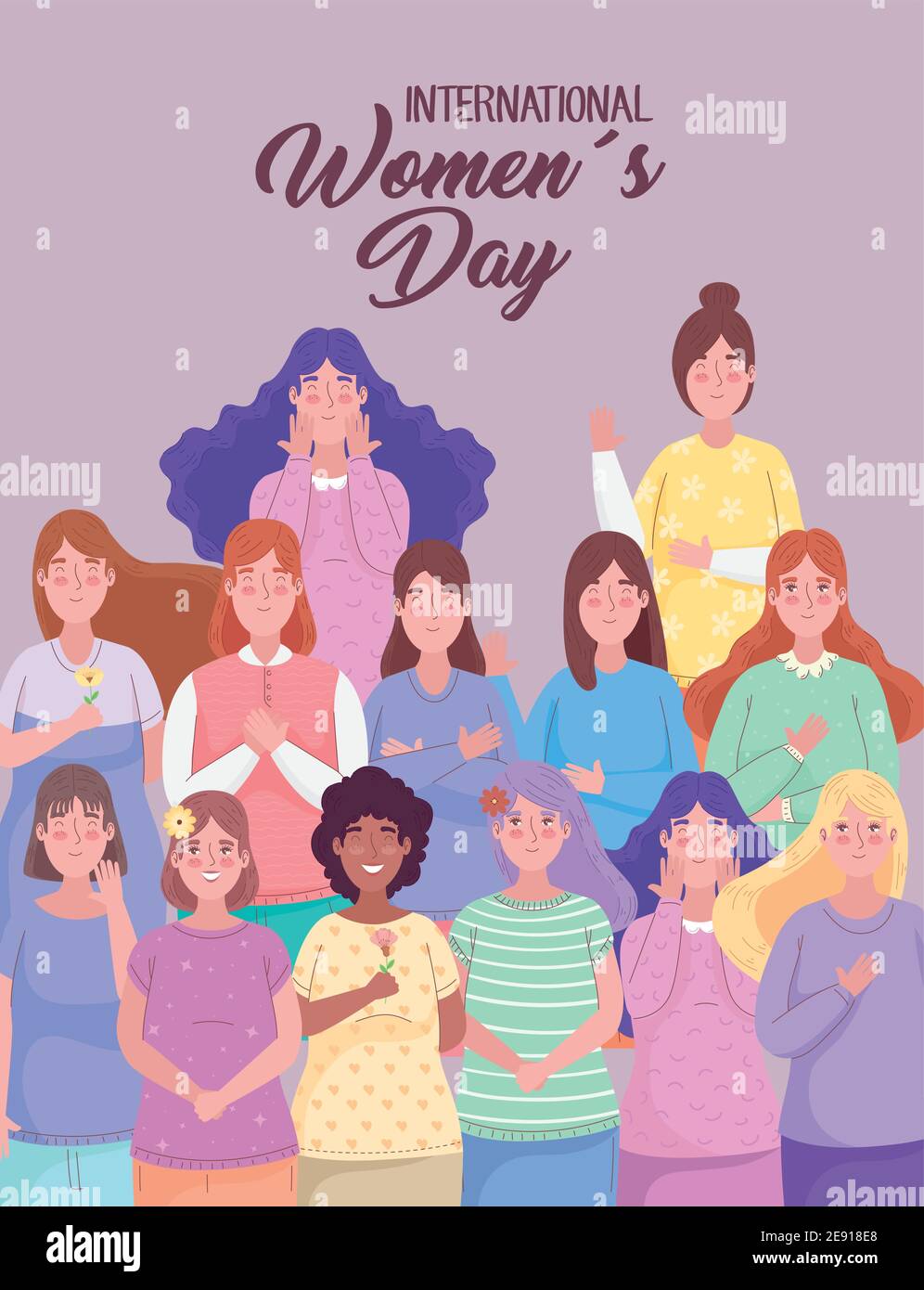 happy womens day lettering with interracial group of girls Stock Vector ...