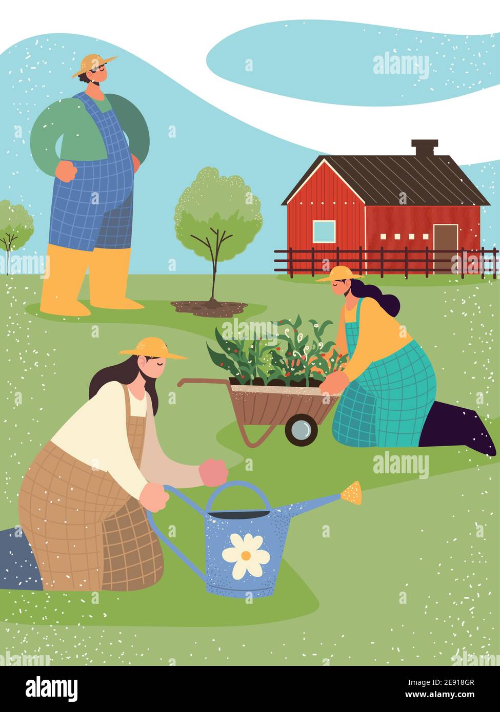farm group farmers planting plants tree with watering can vector