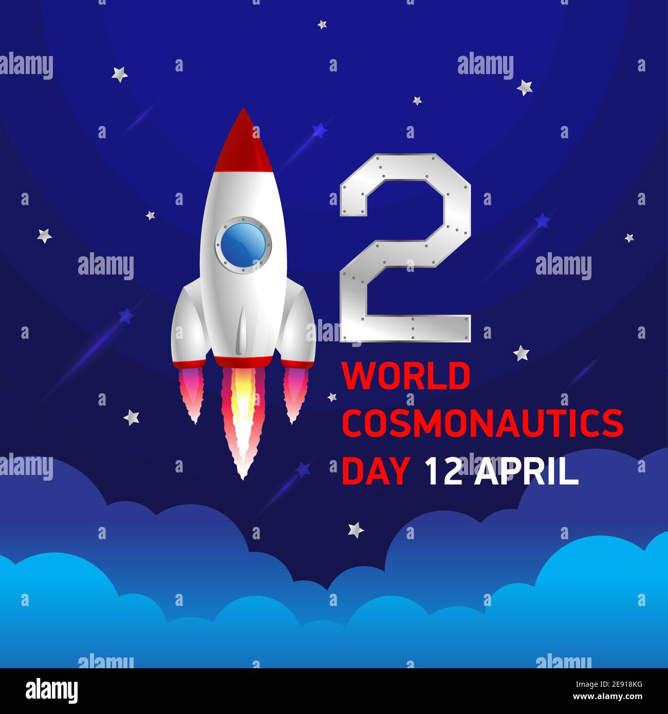Rocket and number two against a blue sky with stars. Banner World Cosmonautics Day, 12 April. card with place for text. Vector, illustration Stock Vector