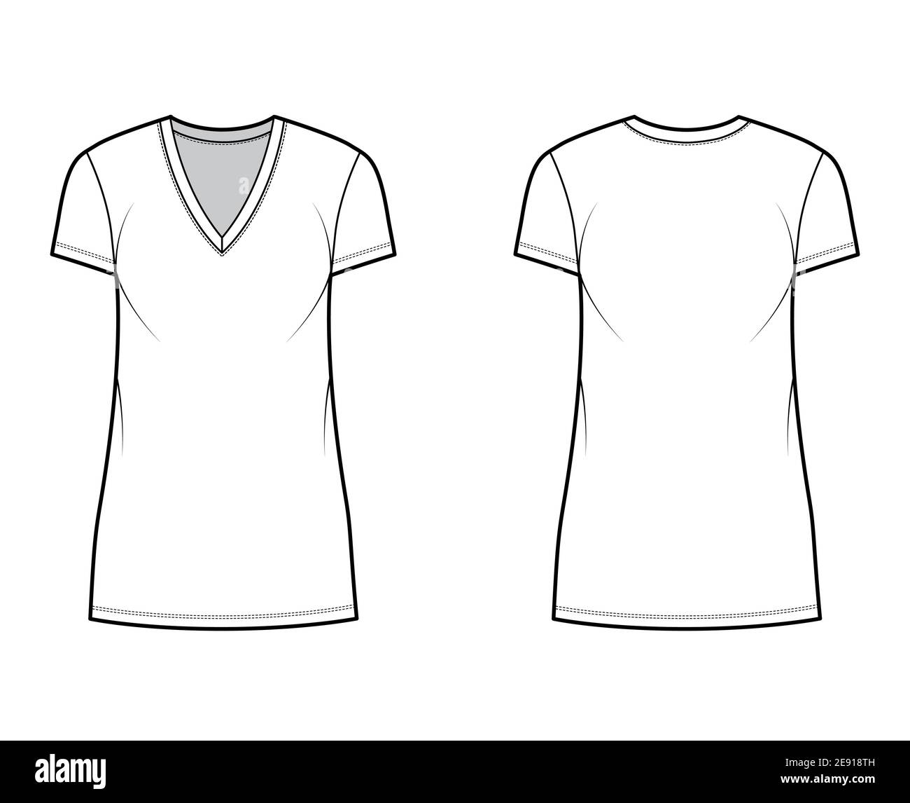 T-shirt dress technical fashion illustration with V-neck, short sleeves ...
