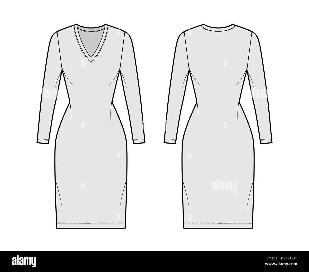 T-shirt dress technical fashion illustration with V-neck, long sleeves, knee length, fitted body, Pencil fullness. Flat apparel template front, back, grey color. Women, men, unisex CAD mockup Stock Vector