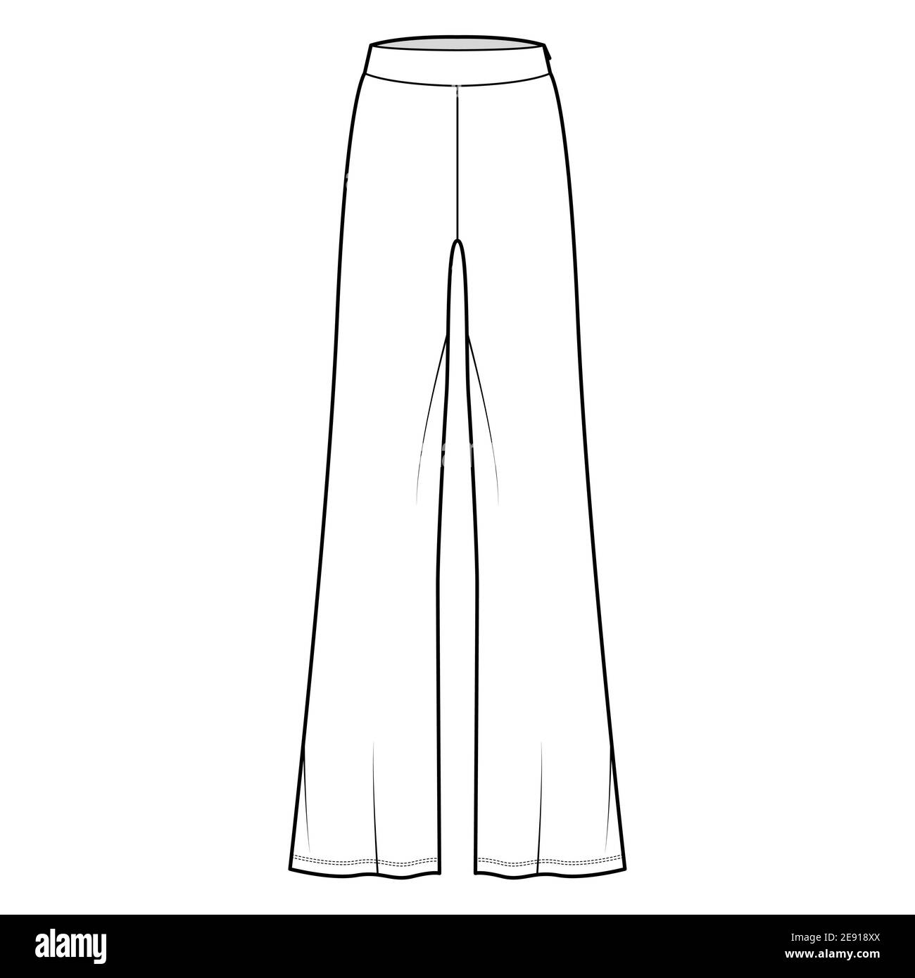 Pants boot cut technical fashion illustration with floor length, oversize silhouette, side zipper. Flat sport pyjama bottom template front, white color style. Women, men, unisex CAD mockup Stock Vector