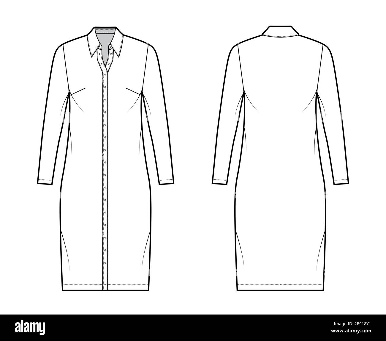 Shirt dress technical fashion illustration with classic regular collar
