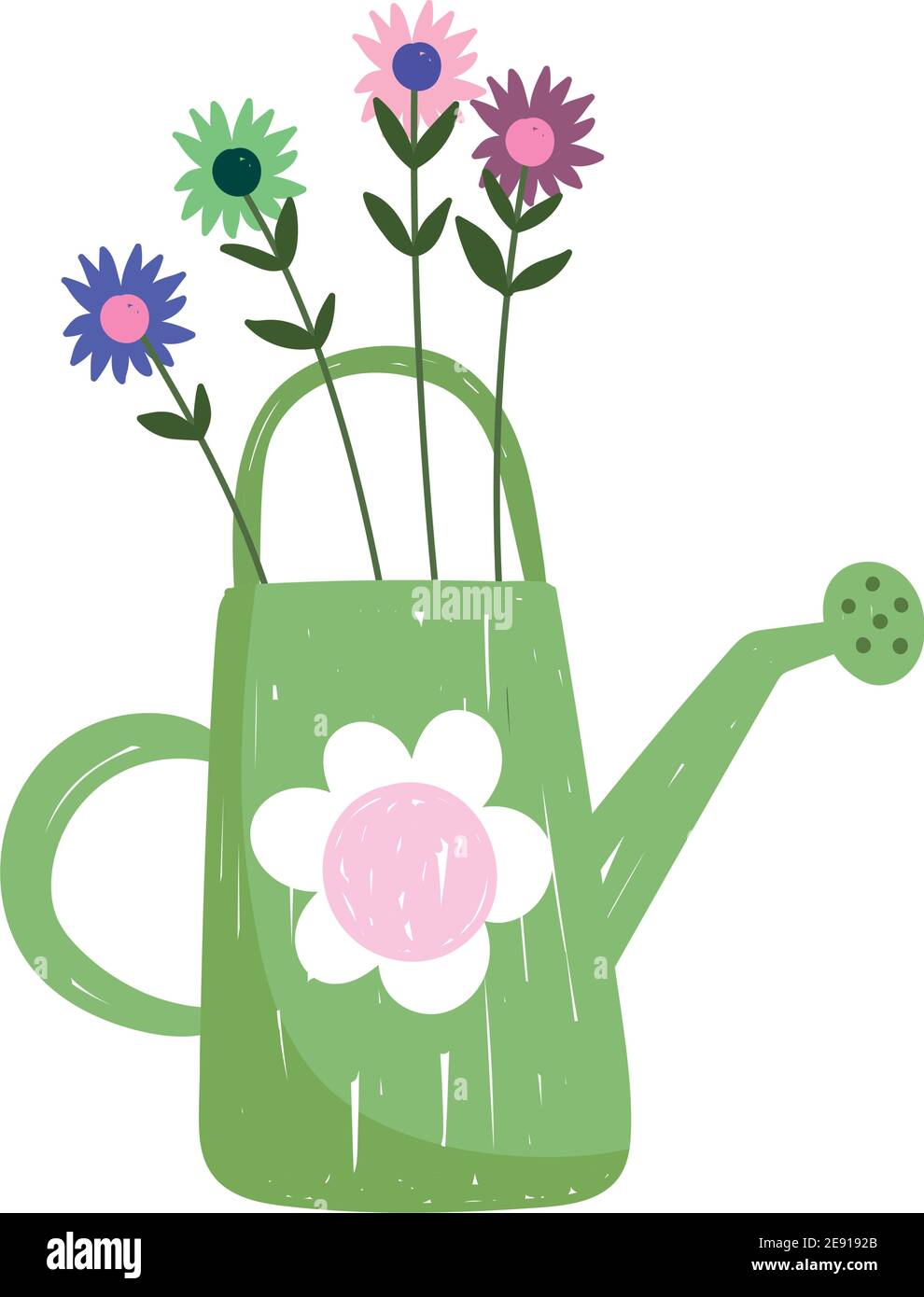 gardening watering can with flowers nature hand drawn color vector