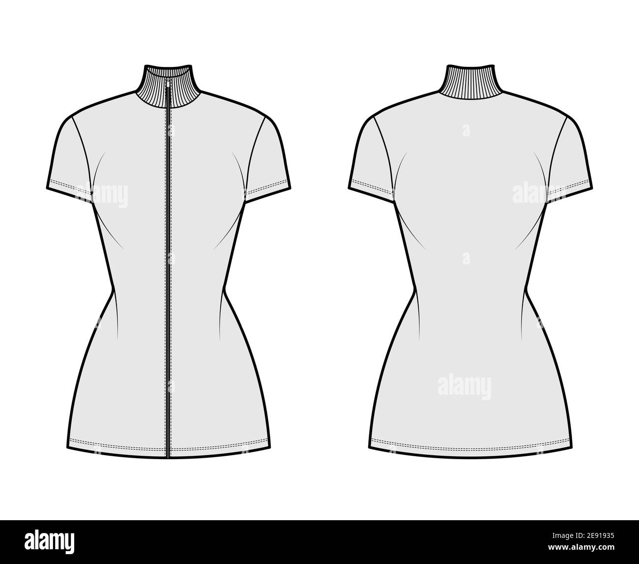Turtleneck zip-up dress technical fashion illustration with short sleeves, mini length, fitted body, Pencil fullness. Flat apparel template front, back, grey color. Women, men unisex CAD mockup Stock Vector