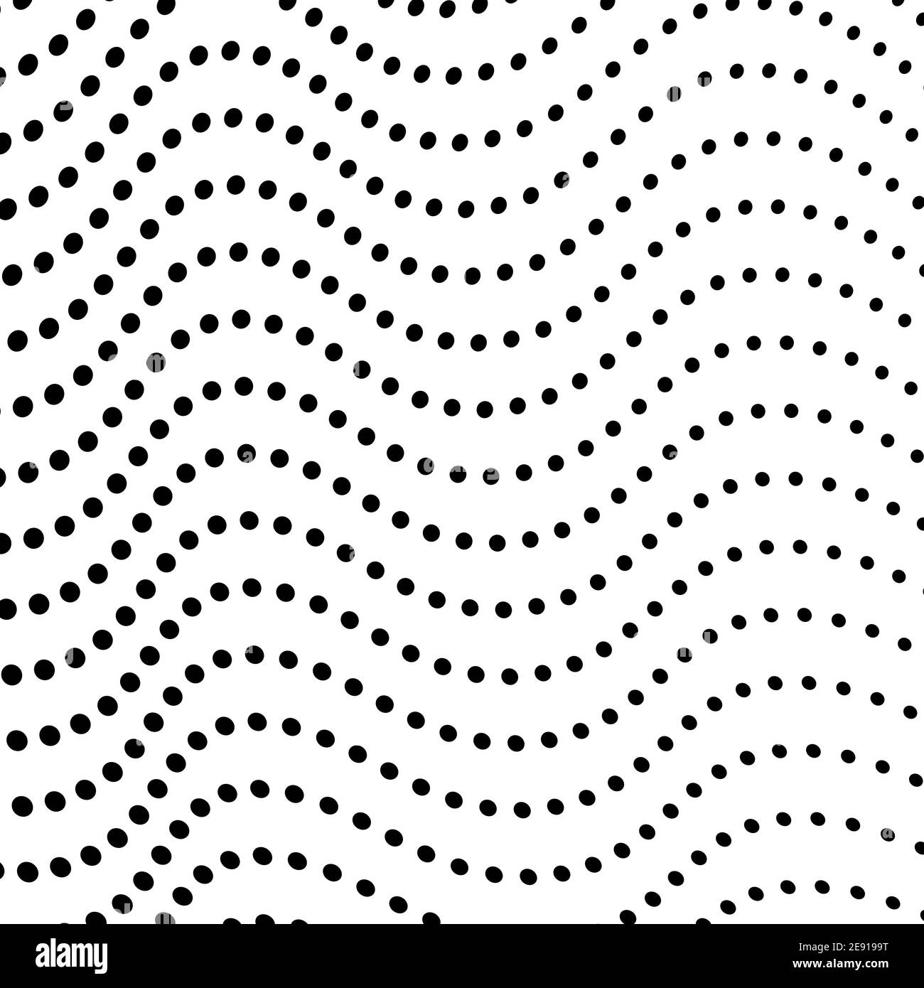 Black dots, white background. Spotted wavy lines, curves. Monochrome op art design. Vector waves. Abstract halftone pattern, internet concept. EPS10 Stock Vector