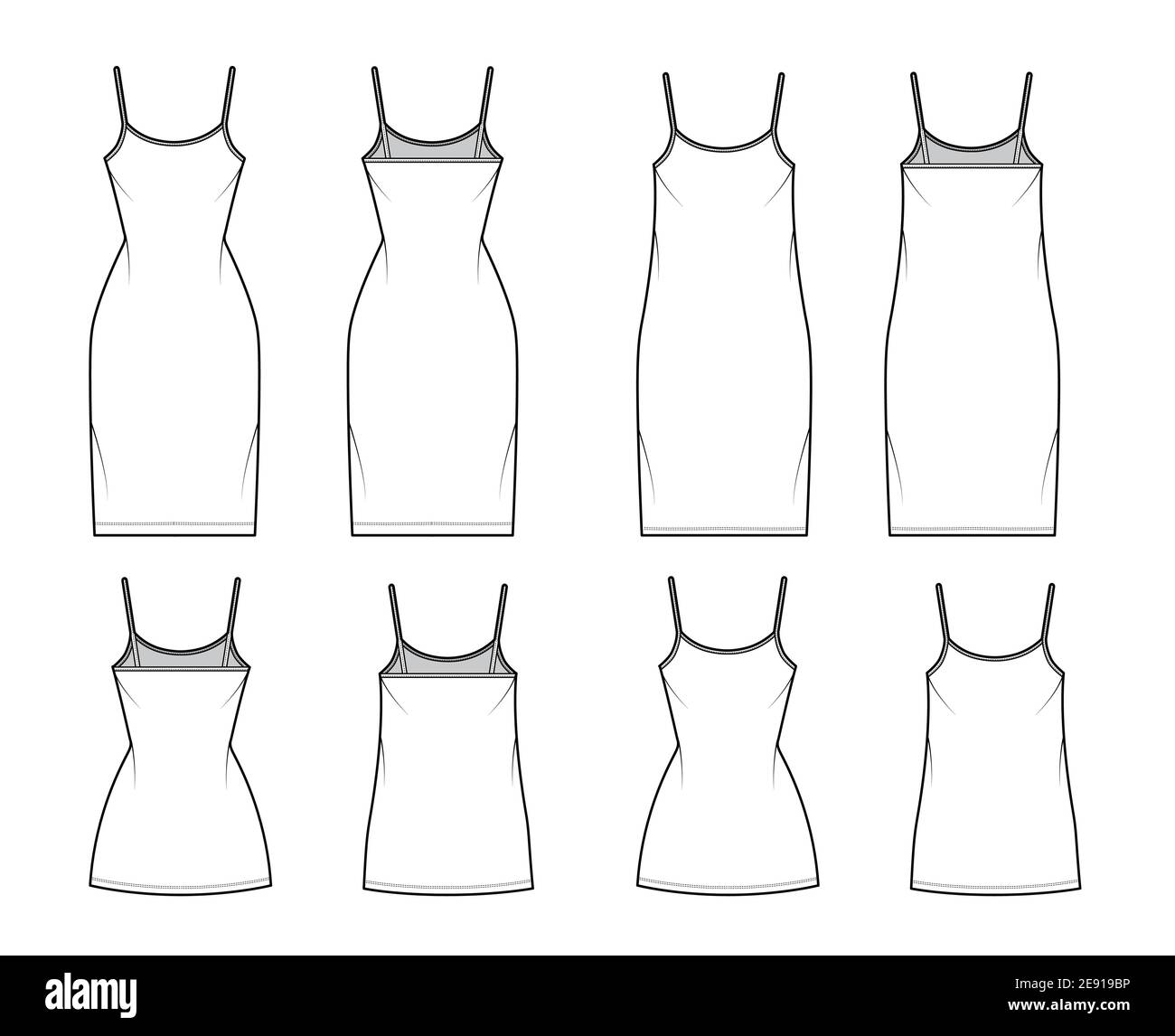 Camisole dress technical fashion illustration with scoop neck, straps