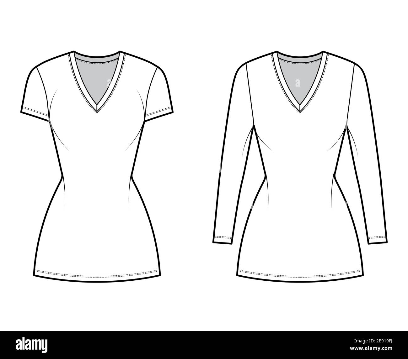 T-shirt dress technical fashion illustration with V-neck, long, short sleeves, mini length, fitted body, Pencil fullness. Flat apparel template front, white color. Women, men, unisex CAD mockup Stock Vector