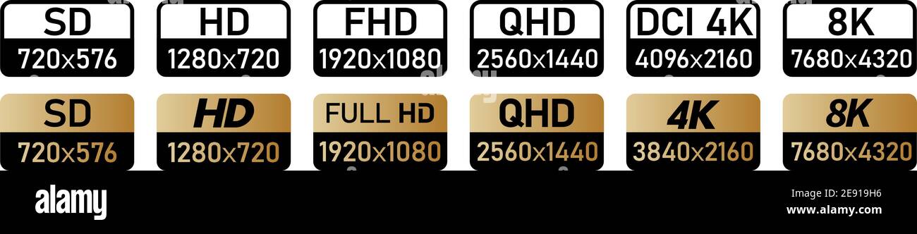 Set of video resolution icons, black and white or gold version Stock Vector
