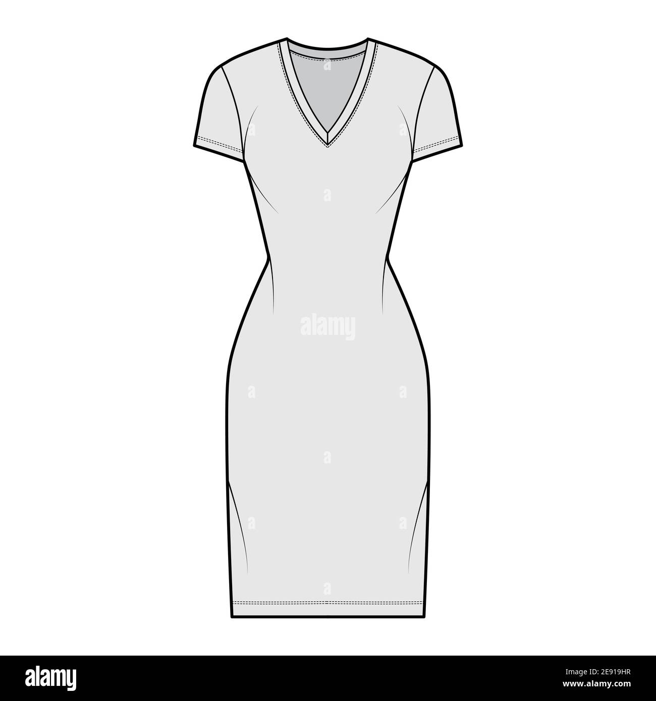 T-shirt dress technical fashion illustration with V-neck, short sleeves, knee length, fitted body, Pencil fullness. Flat apparel template front, grey color. Women, men, unisex CAD mockup Stock Vector