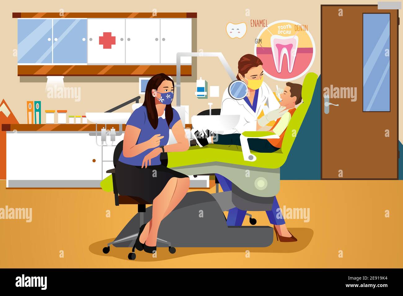 A vector illustration of Dentist Checking on a Kid Wearing Mask Stock Vector