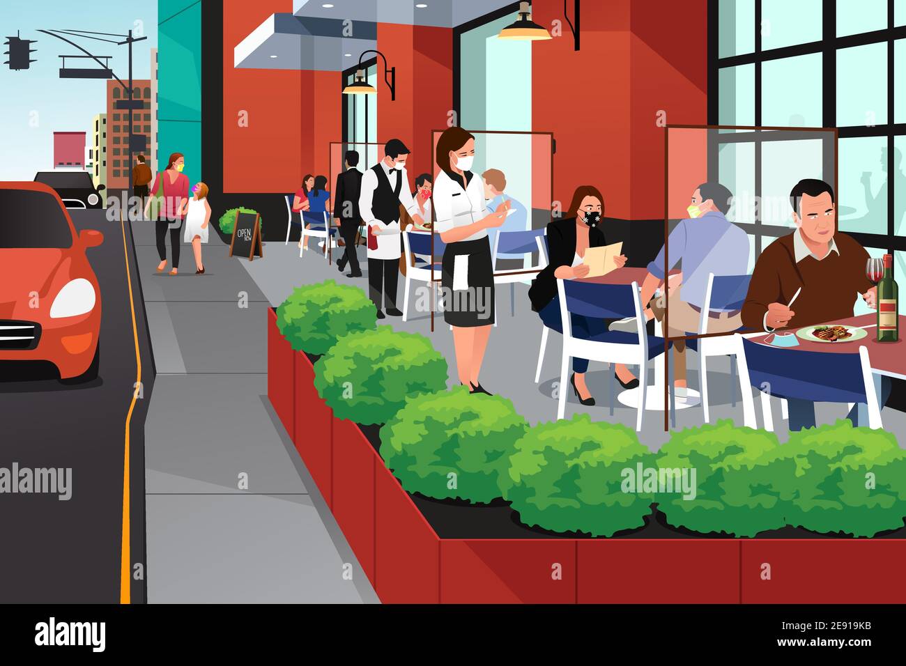 A vector illustration of People Eating Outdoor at Restaurant During Pandemic Stock Vector