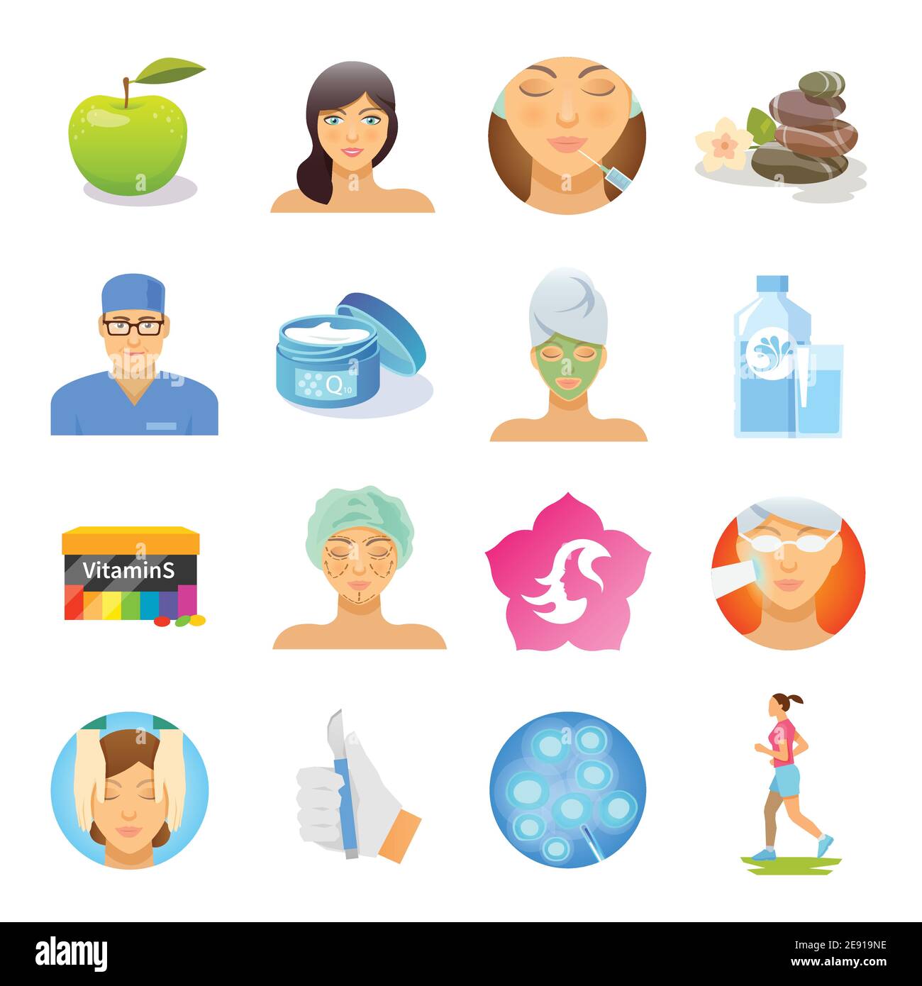 Rejuvenation and skin care flat icons set isolated vector illustration