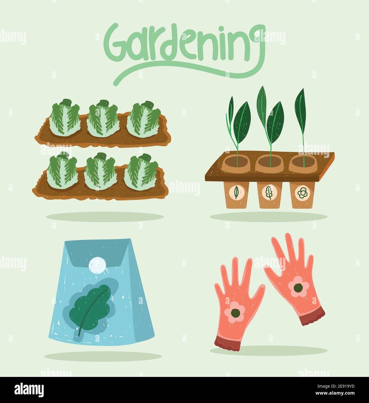 gardening icons cabbages plantation carrots gloves and seeds hand drawn color vector illustration Stock Vector