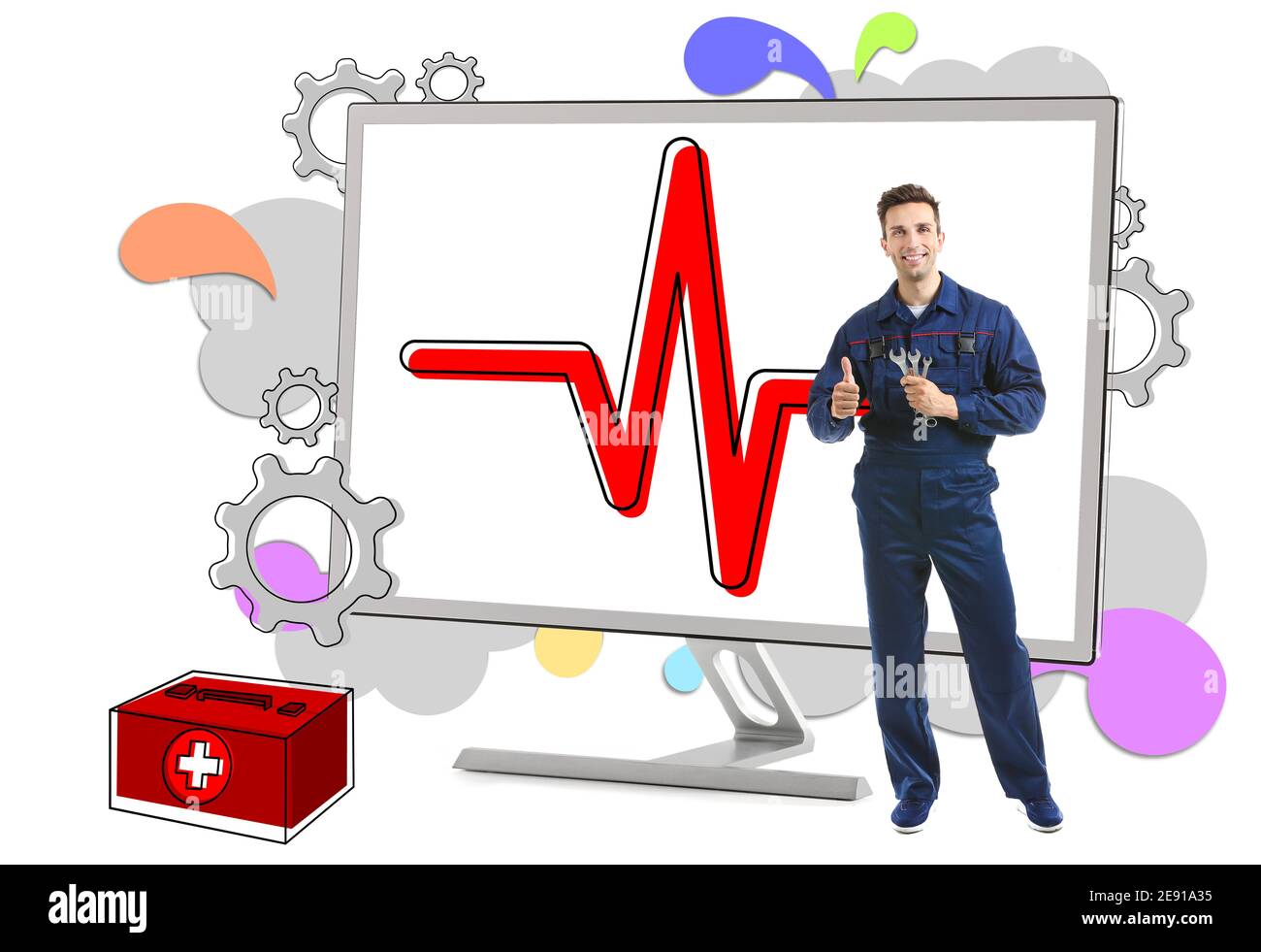 Computer repair technician with modern monitor on white background