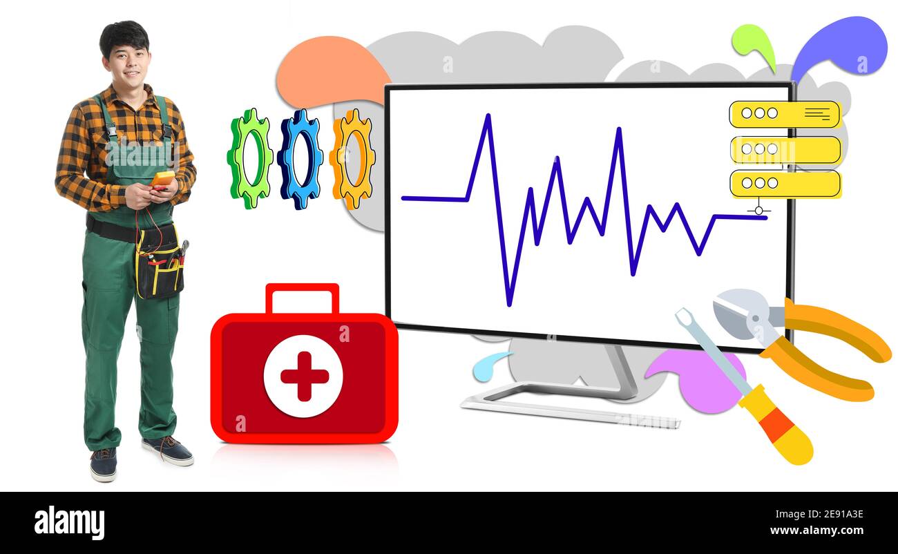 Computer repair technician with modern monitor on white background
