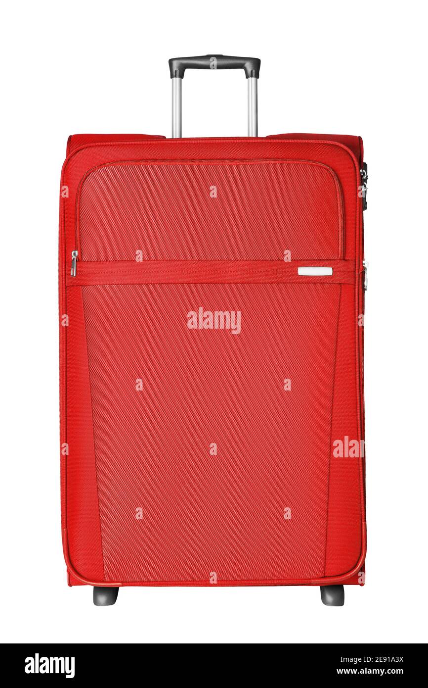 Red fabric travel suitcase with zipper, handle white background