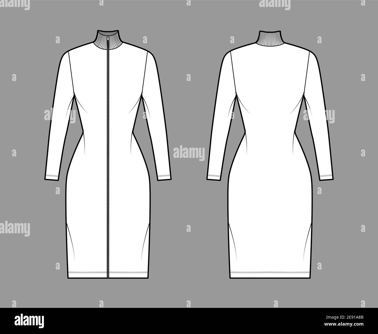 Turtleneck zip-up dress technical fashion illustration with long sleeves, knee length, fitted body, Pencil fullness. Flat apparel template front, back, white color. Women, men, unisex CAD mockup Stock Vector