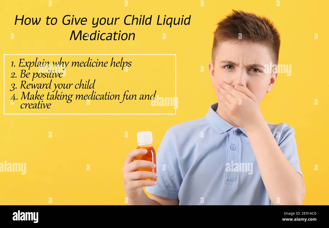 Ill little boy with cough syrup in bottle and recommendations how to give child liquid medication on color background Stock Photo