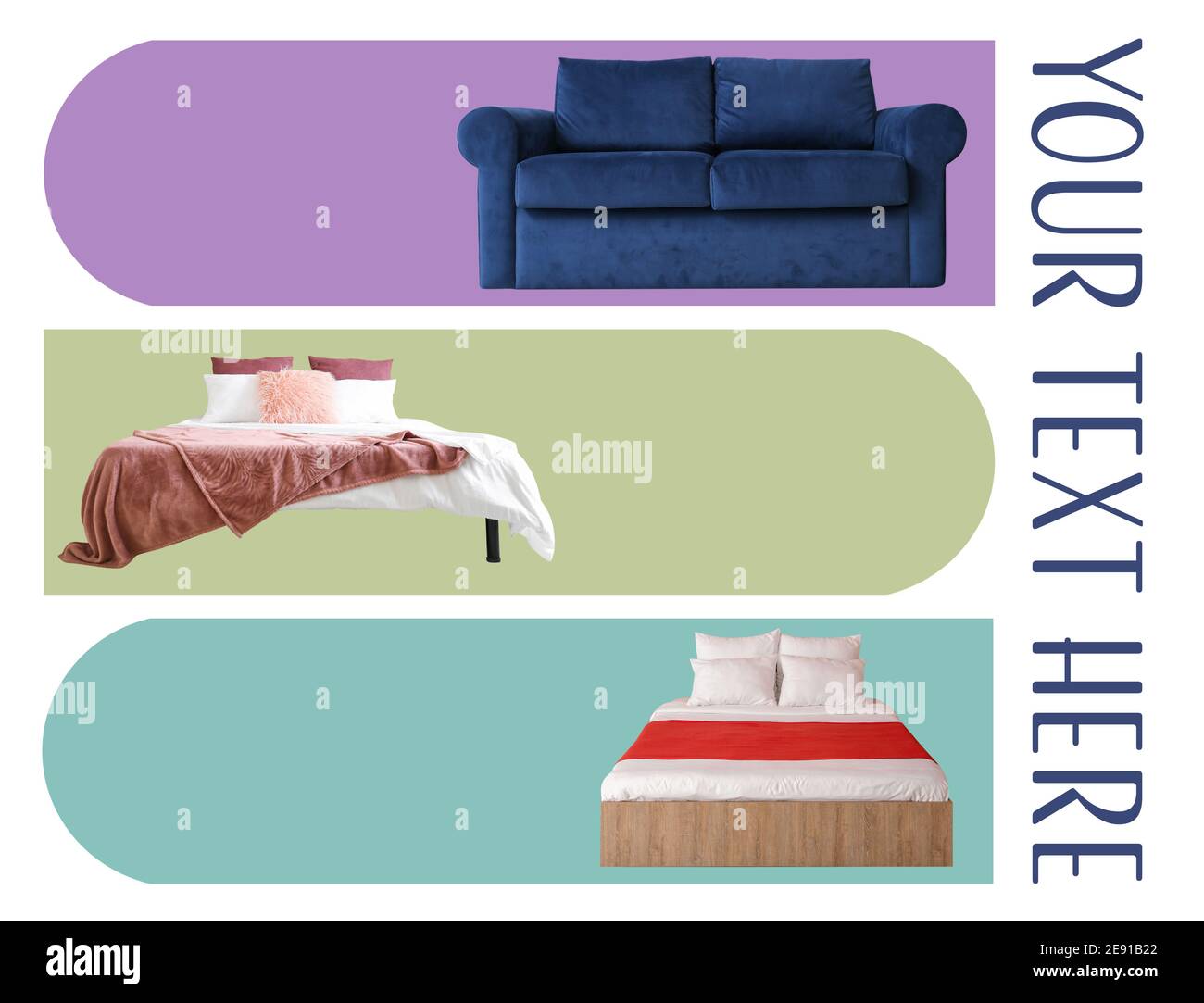 Collage of stylish furniture on color background with space for text ...