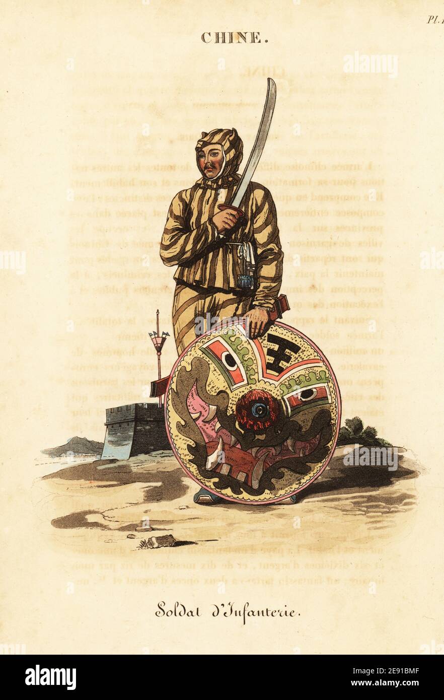 Chinese Tiger of War or Infantry soldier, 18th century. In striped uniform with ears on hood, scimitar, wicker-work shield. In the background a military post with Imperial yellow flag. Soldat d'infanterie. Handcoloured copperplate engraving after an illustration by William Alexander from J-B. Eyries’ La Chine: Costumes, Moeurs et Usages des Chinois, China: Costumes, Manners and Mores of the Chinese, Librairie de Gide Fils, Paris, 1822. Jean-Baptiste Eyries (1767-1846) was a French geographer, author and translator. Stock Photo