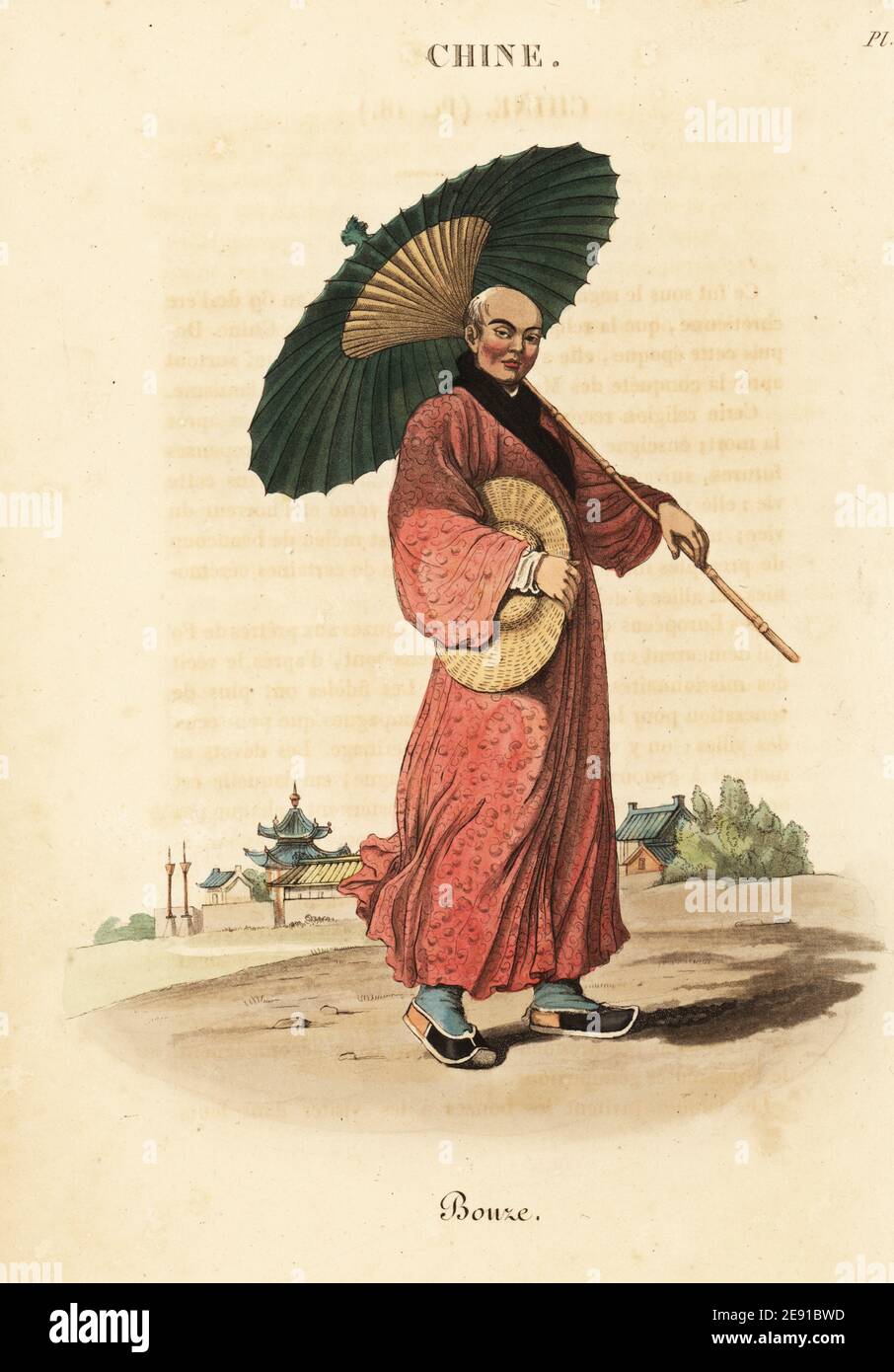 Bonze monk or Fo priest, 18th century. With large paper umbrella, shaved head and straw hat. Bonze. Handcoloured copperplate engraving after an illustration by William Alexander from J-B. Eyries’ La Chine: Costumes, Moeurs et Usages des Chinois, China: Costumes, Manners and Mores of the Chinese, Librairie de Gide Fils, Paris, 1822. Jean-Baptiste Eyries (1767-1846) was a French geographer, author and translator. Stock Photo