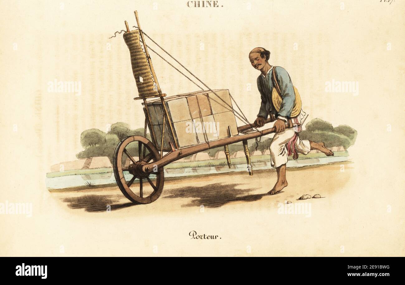 Chinese porter carrying goods in a wheelbarrow, 18th century. The  wheelbarrow has a sail at the front to catch the wind. Porteur avec sa  brouette a voile. Handcoloured copperplate engraving after an