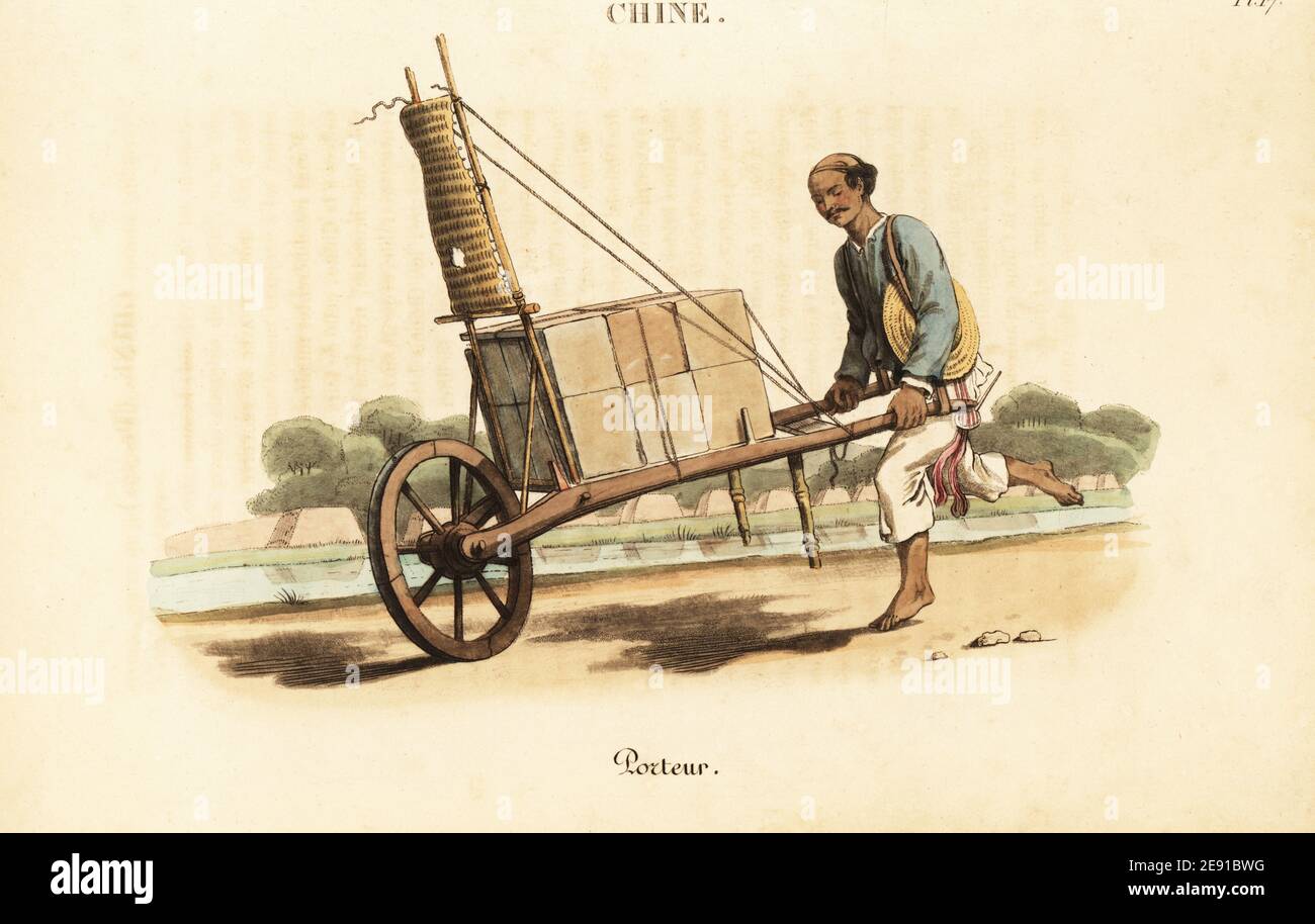 Chinese porter carrying goods in a wheelbarrow, 18th century. The